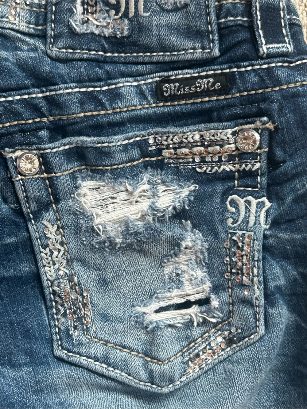 Miss Me Signature Straight Distressed Embellished Dark Blue Wash Denim Jeans - Picture 8 of 11